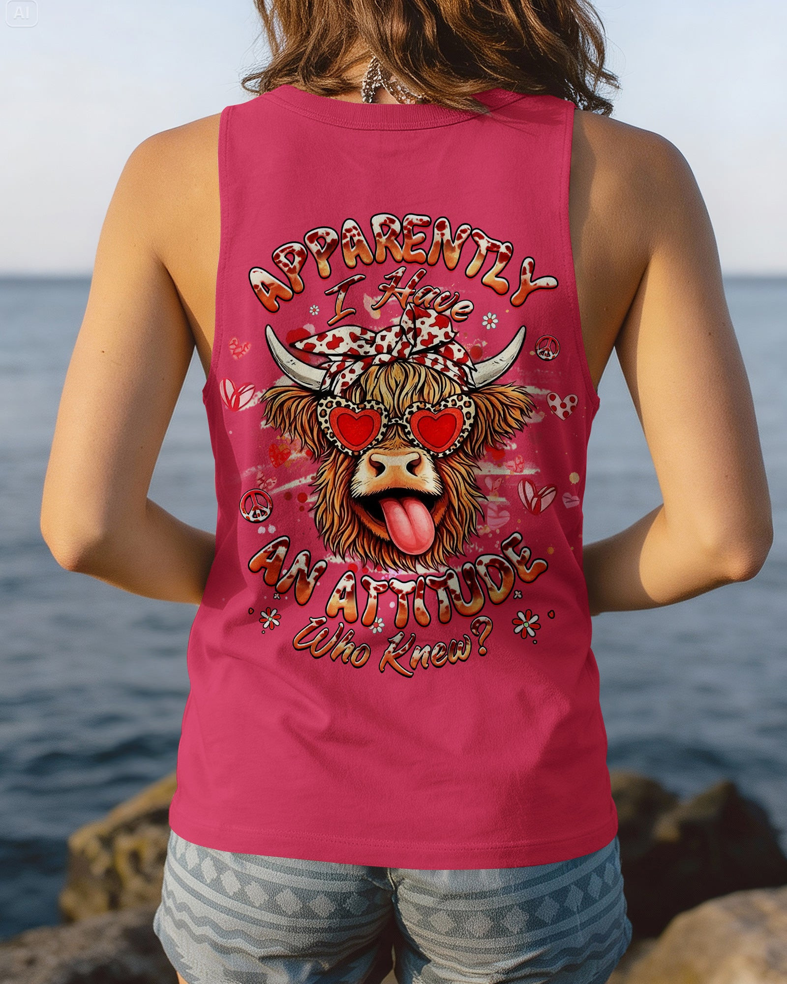 Cow Apparently I Have An Attitude Tank Top Funny Cow With Heart Sunglasses Bow Gift For Daughter - Image 2