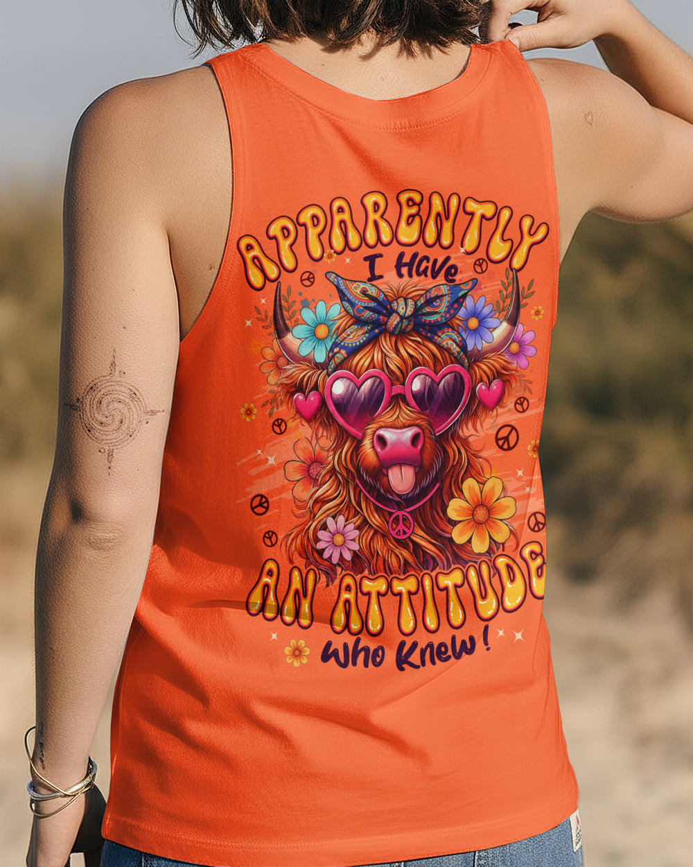 Cow Apparently I Have An Attitude Tank Top Highland Cow With Heart Sunglasses Flowers Gift Ideas - Image 2