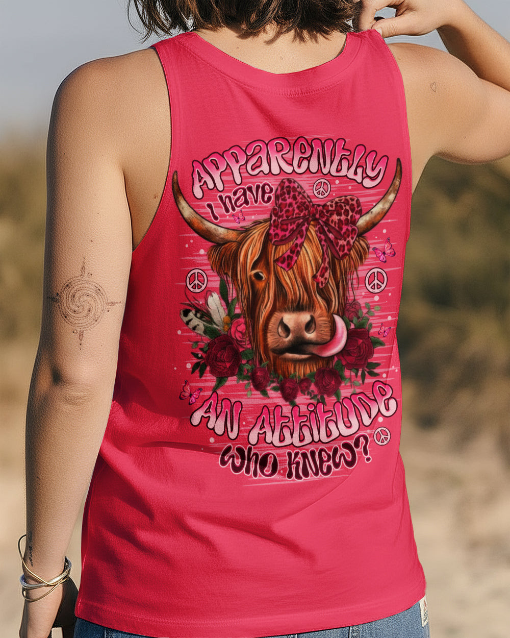Cow Apparently I Have An Attitude Tank Top Sassy Cow With Pink Bow Roses Merch Gift For Daughter - Image 2