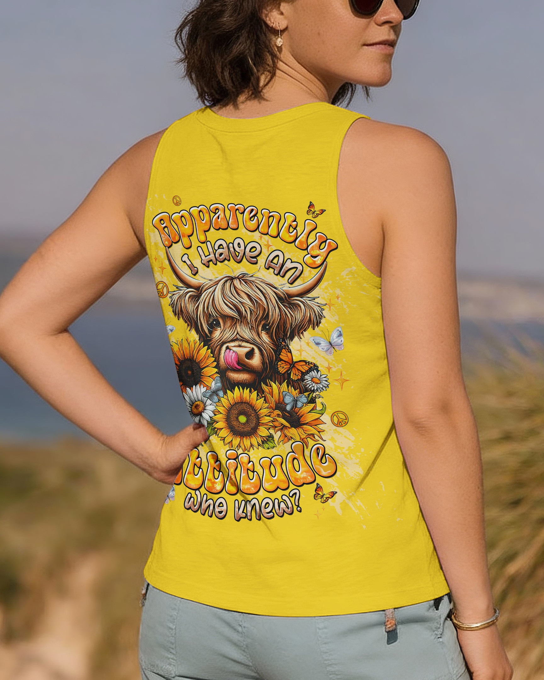 Cow Apparently I Have An Attitude Tank Top Sassy Cow With Sunflowers Butterflies Gift For Mom - Image 2