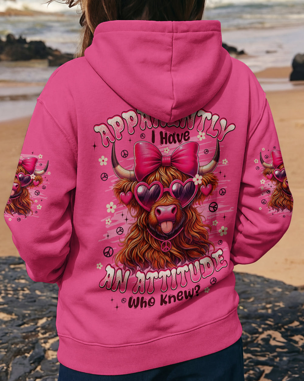 Cow Apparently I Have An Attitude Zipper Hoodie Pink Cow With Heart Sunglasses Gift For Women - Image 2