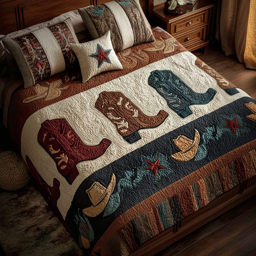 Cowboy Cowgirl Boots Frontier Footprints Quilted Bedding Set Western Gifts For Him Her