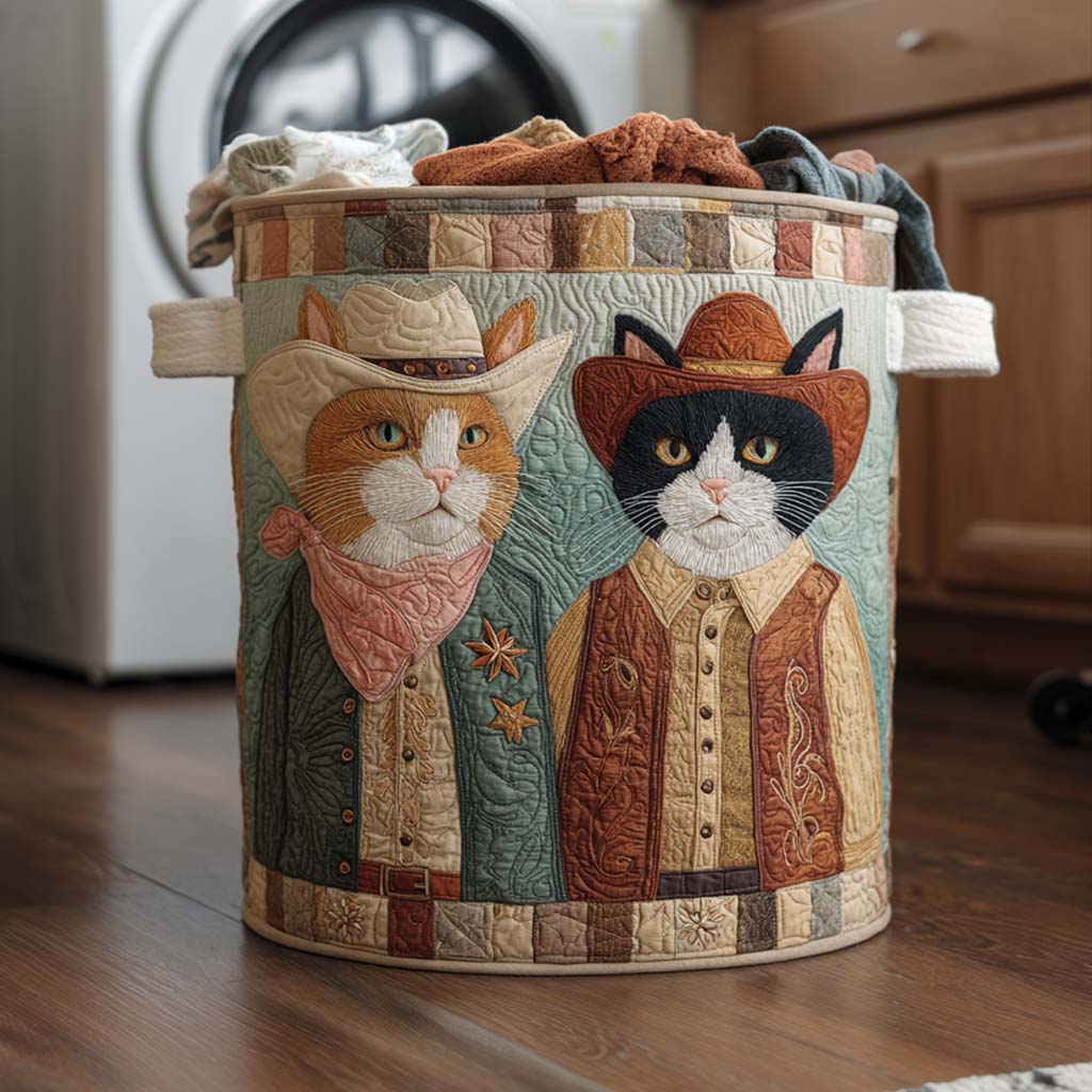 Cowboy Whiskers Quilted Laundry Basket Home And Decor Cat Mom Gifts For Mother's Day