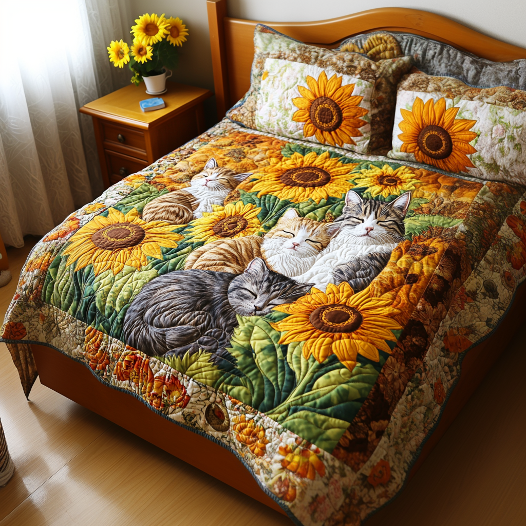 Cozy Cat Companions Quilted Bedding Set Cool Bedroom Decor Gifts For New Cat Owners
