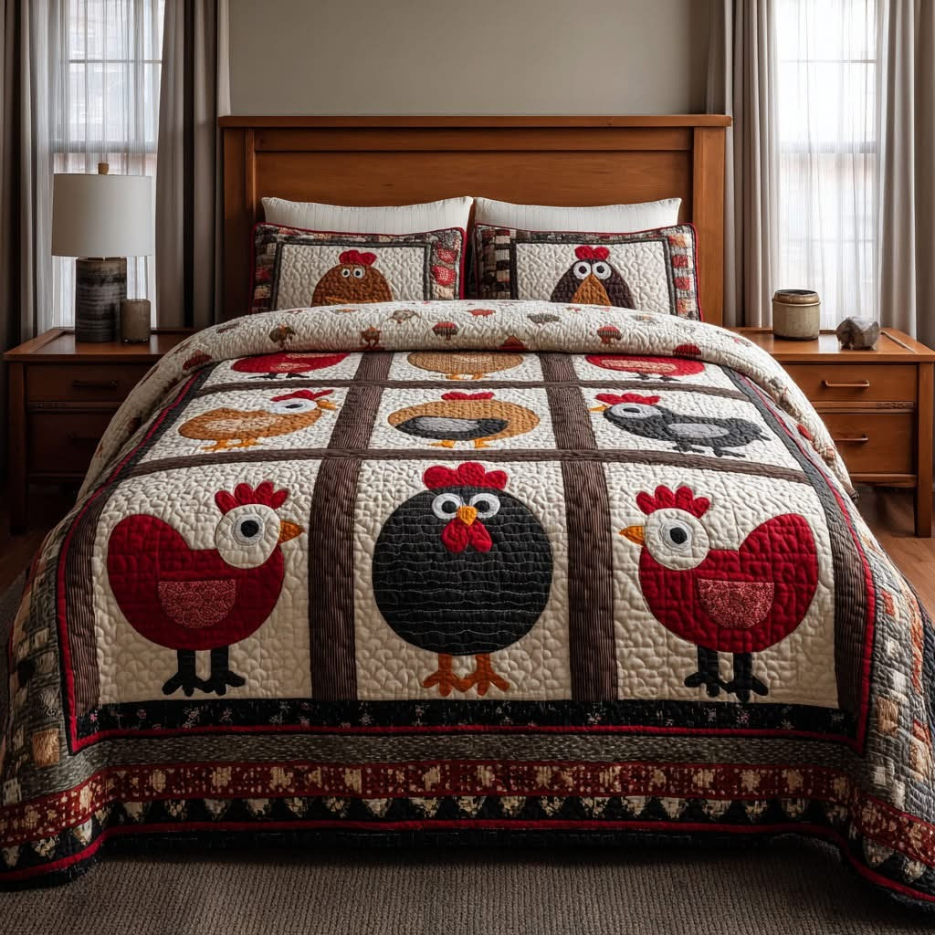 Cozy Coop Quilted Bedding Set Whimsical Chicken Patchwork Bed Sheet Set Gifts For Chicken Mom
