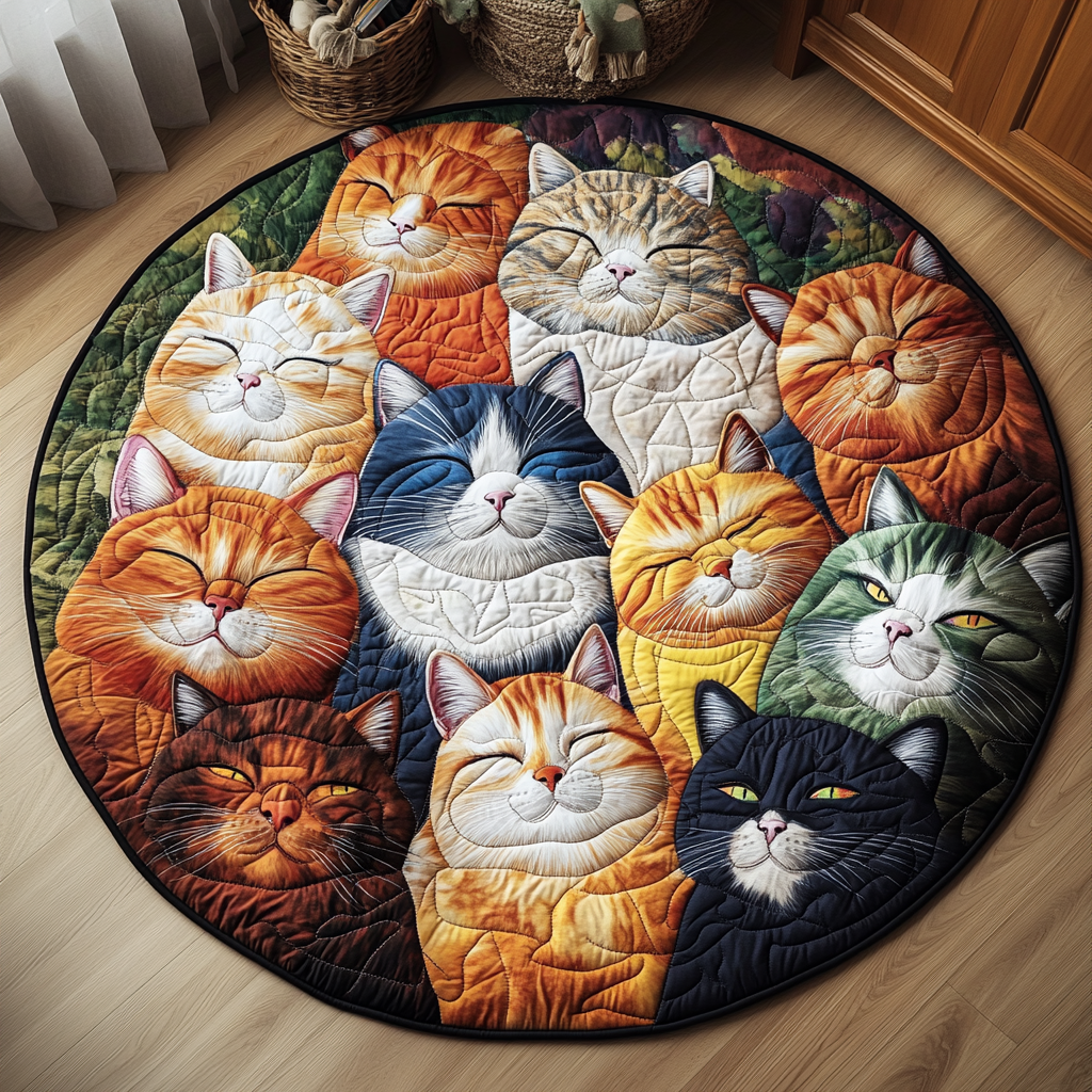 Cozy Feline Retreat Quilted Round Mat Large Circle Rug Cat Presents For Women
