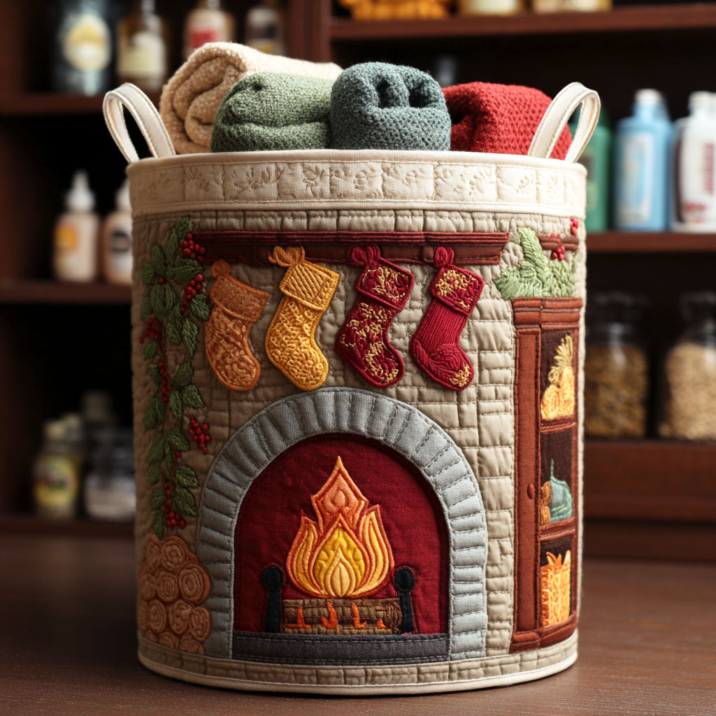 Cozy Fireplace Quilted Laundry Basket Laundry Hamper Family Christmas Gifts