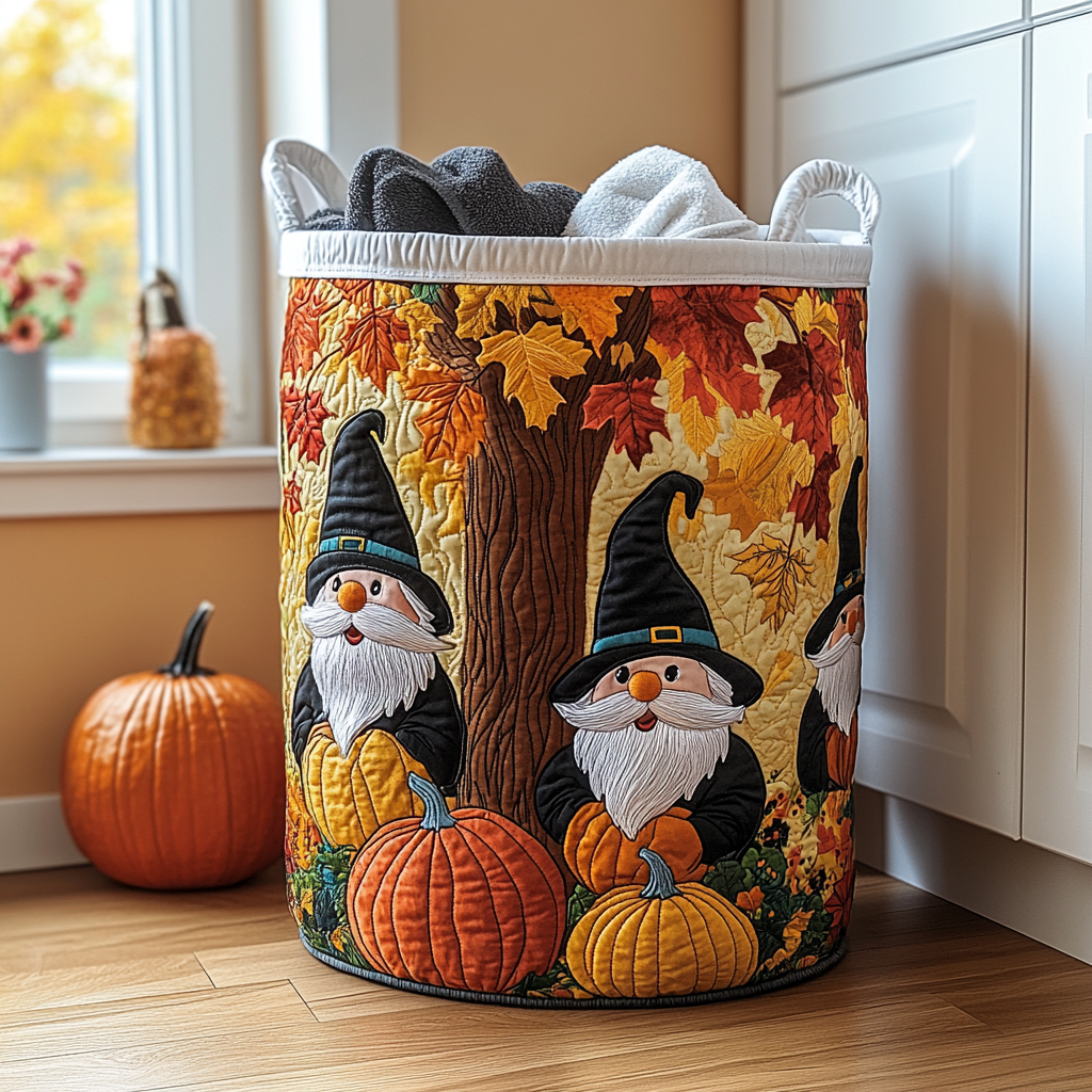 Cozy Gnome Quilted Laundry Basket Clothes Basket Storage Autumn Gift Ideas