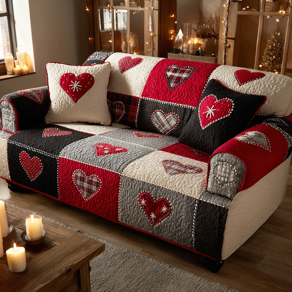 Cozy Heart Christmas Quilted Sofa Cover Couch Protector Valentines For Him