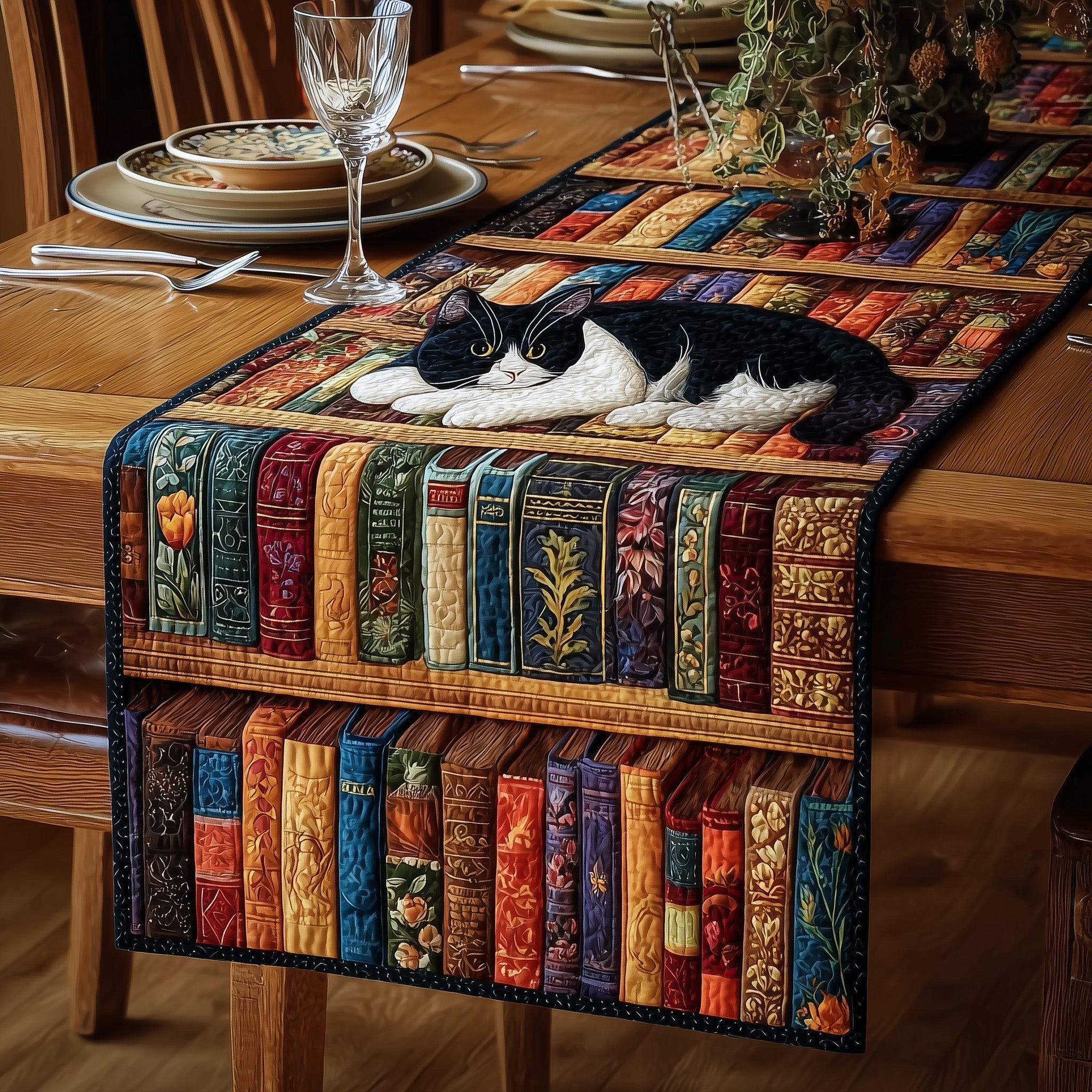Cozy Library Cats Quilted Table Runner Dining Table Runner Cat Presents For Christmas