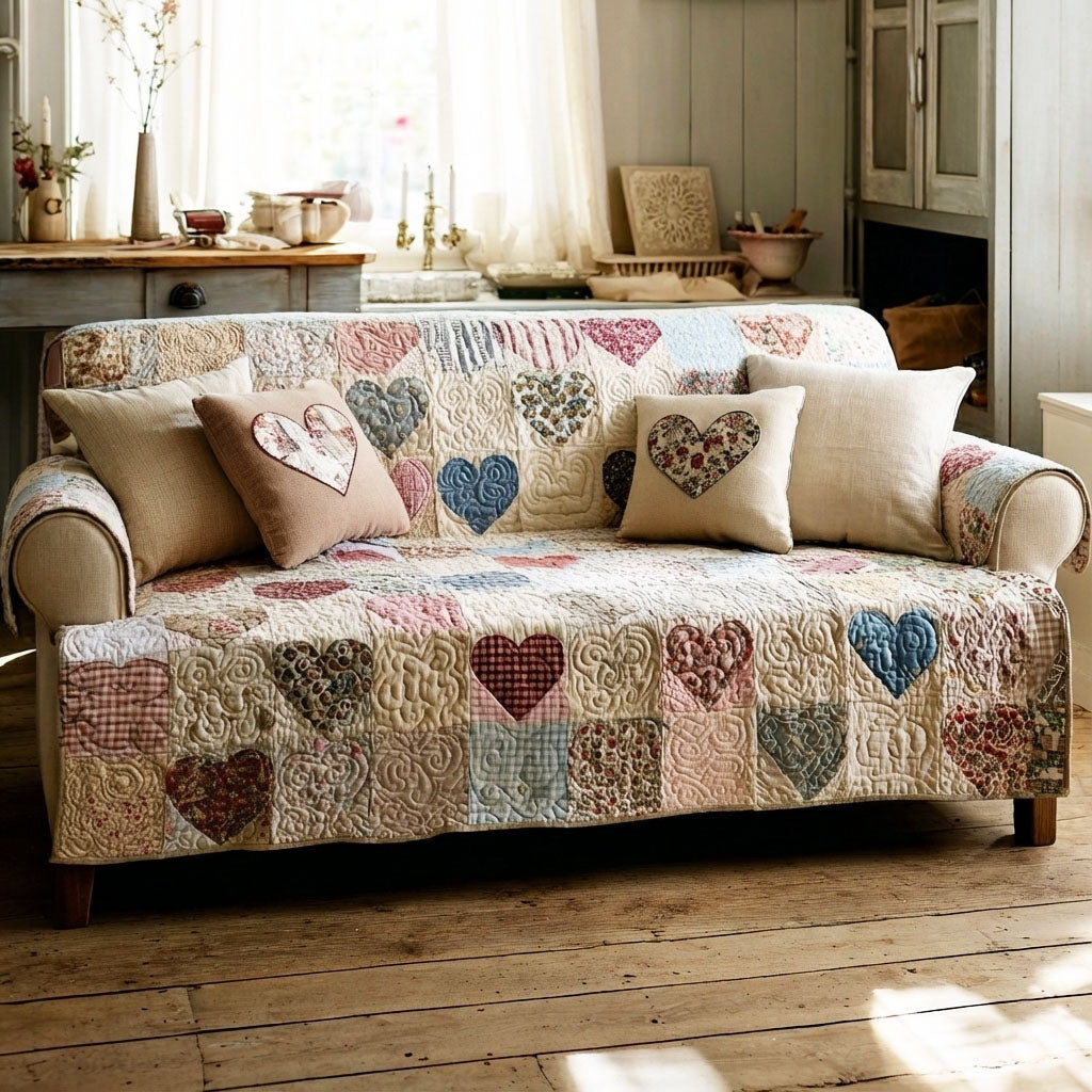 Cozy Patch Hearts Quilted Sofa Cover Sofa Protector Valentine Gift For Girlfriend