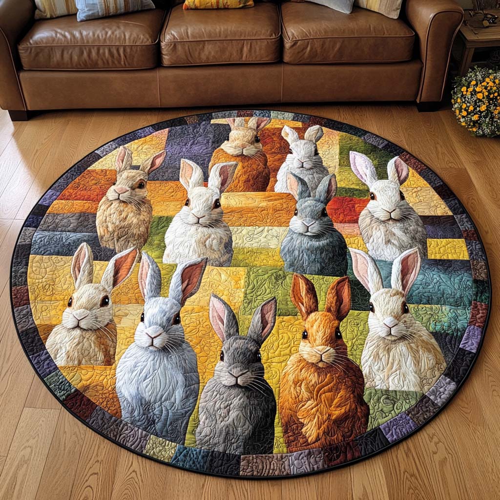 Cozy Rabbit Quilted Round Mat Small Round Carpet Rugs Bunny Rabbit Presents