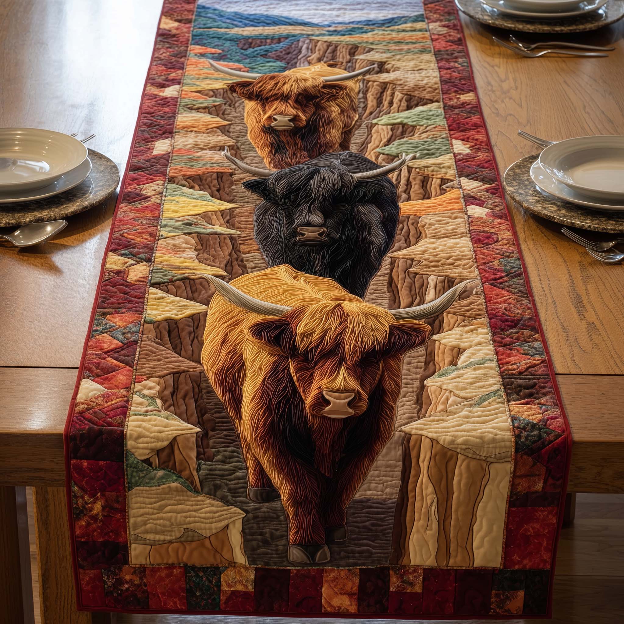 Cozy Trail Quilted Table Runner Valentine Runners For Table Highland Cow Gifts For Her