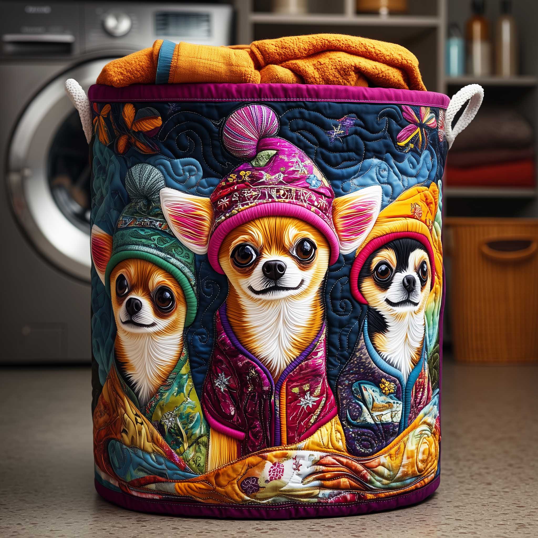 Cozy Winter Chihuahua Quilted Laundry Basket Room Decor Unique Christmas Gifts