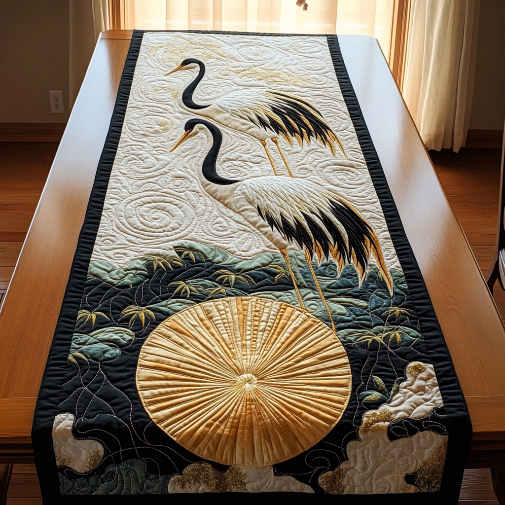 Cranes in Moon Night Quilted Table Runner Boho Macrame Table Runner Gifts For Mom Birthday