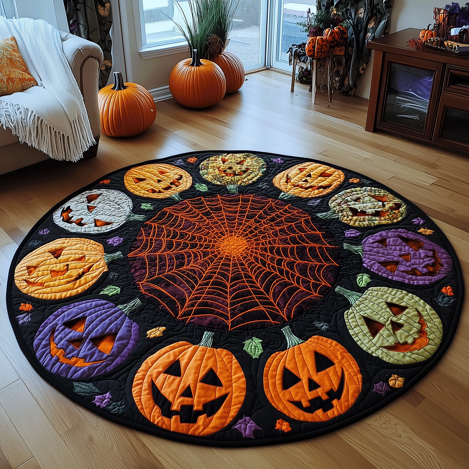 Creepy Pumpkin Quilted Round Mat Round Carpet Mats Halloween Gifts For Girlfriend