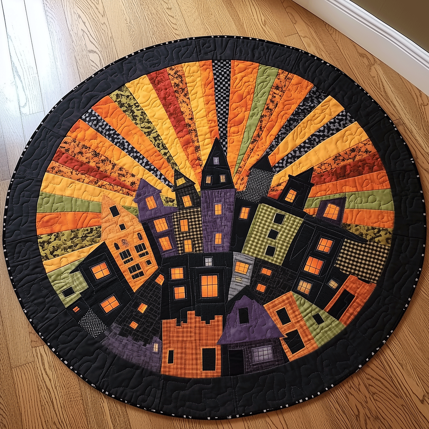 Creepy Townscape Quilted Round Mat Round Shape Rug Halloween Anniversary Gifts