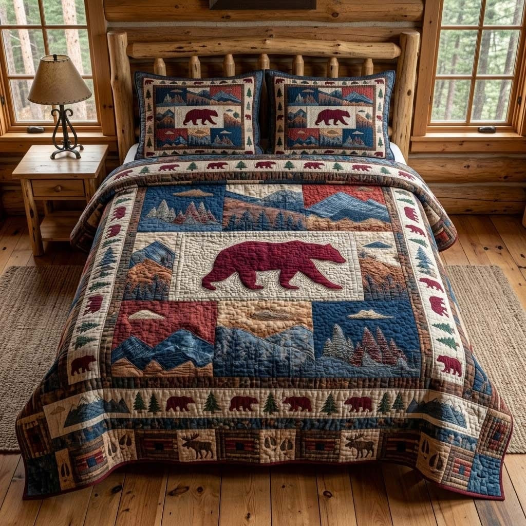 Crimson Bear Quilted Bedding Set Wilderness Style Comforter Gift Decor For Home