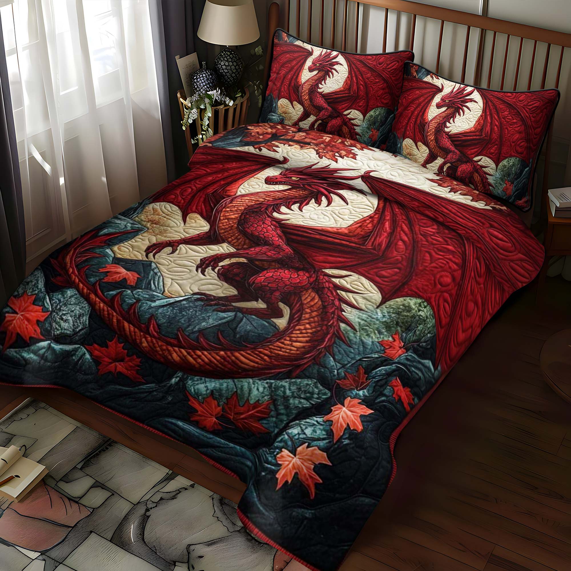 Crimson Blaze Quilted Bedding Set Bedroom Decor Ideas Awesome Gifts For Dragon Lovers