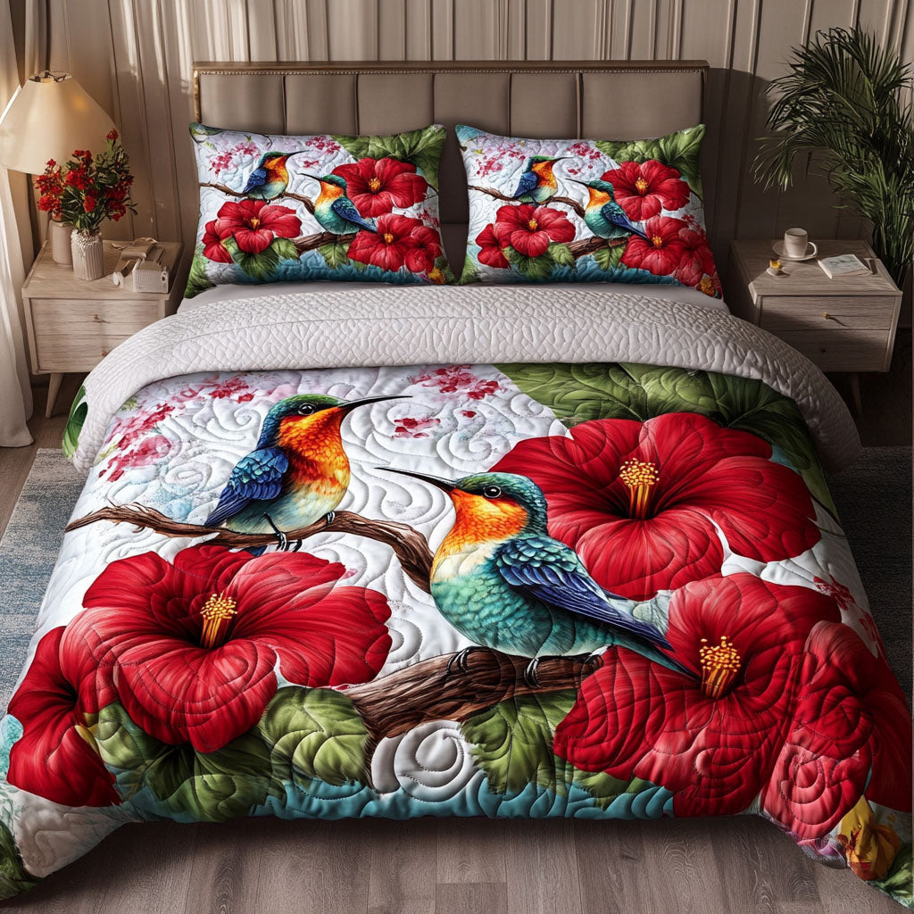 Crimson Blossom Pair Quilted Bedding Set Bed Sheet Set Hummingbird Themed Birthday Gifts