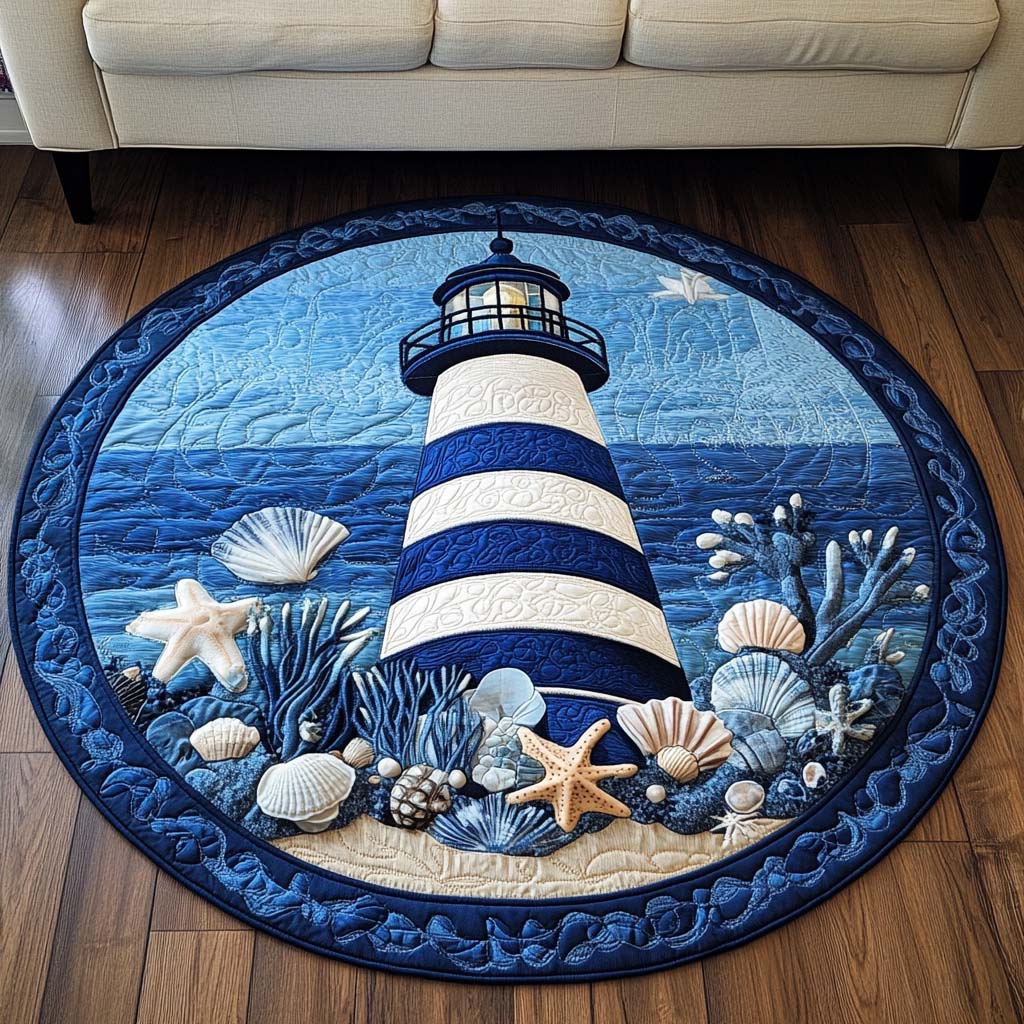 Crimson Lighthouse Quilted Round Mat Living Room Decor Ocean Gift For Beach Lover