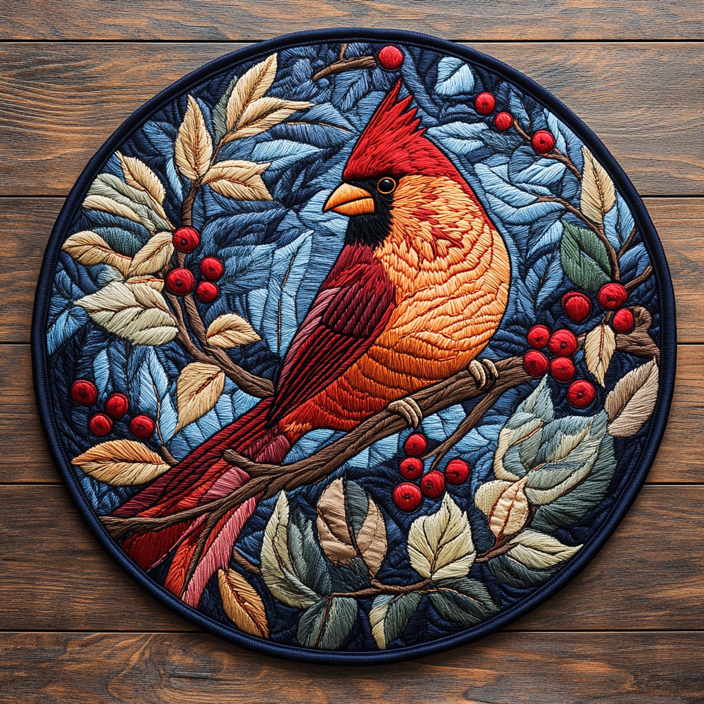 Crimson Wings Quilted Round Mat Home Decor Red Cardinal Gift Items