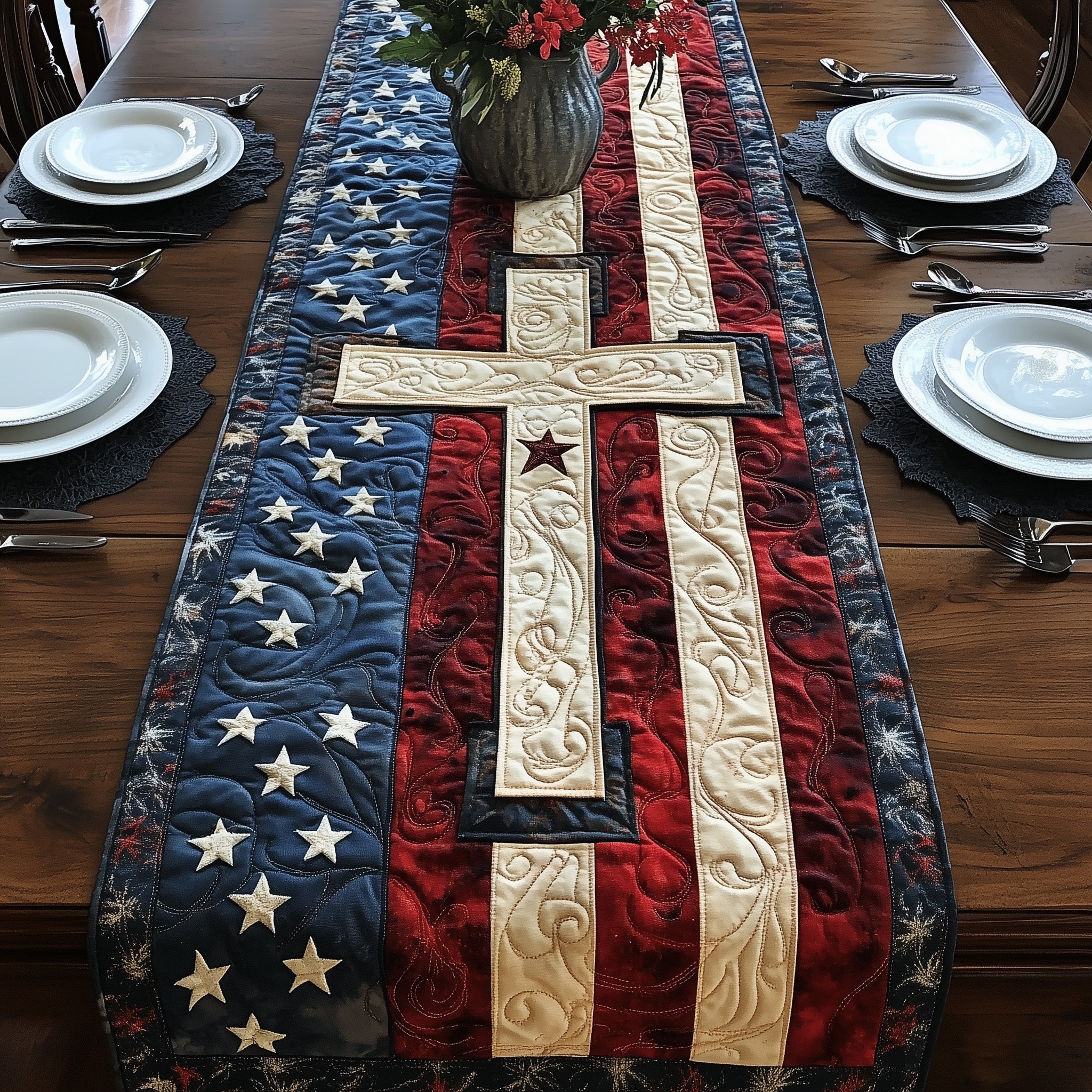 Cross of Liberty Quilted Table Runner Table Runner For Dining Table Christian Gifts For Boyfriend