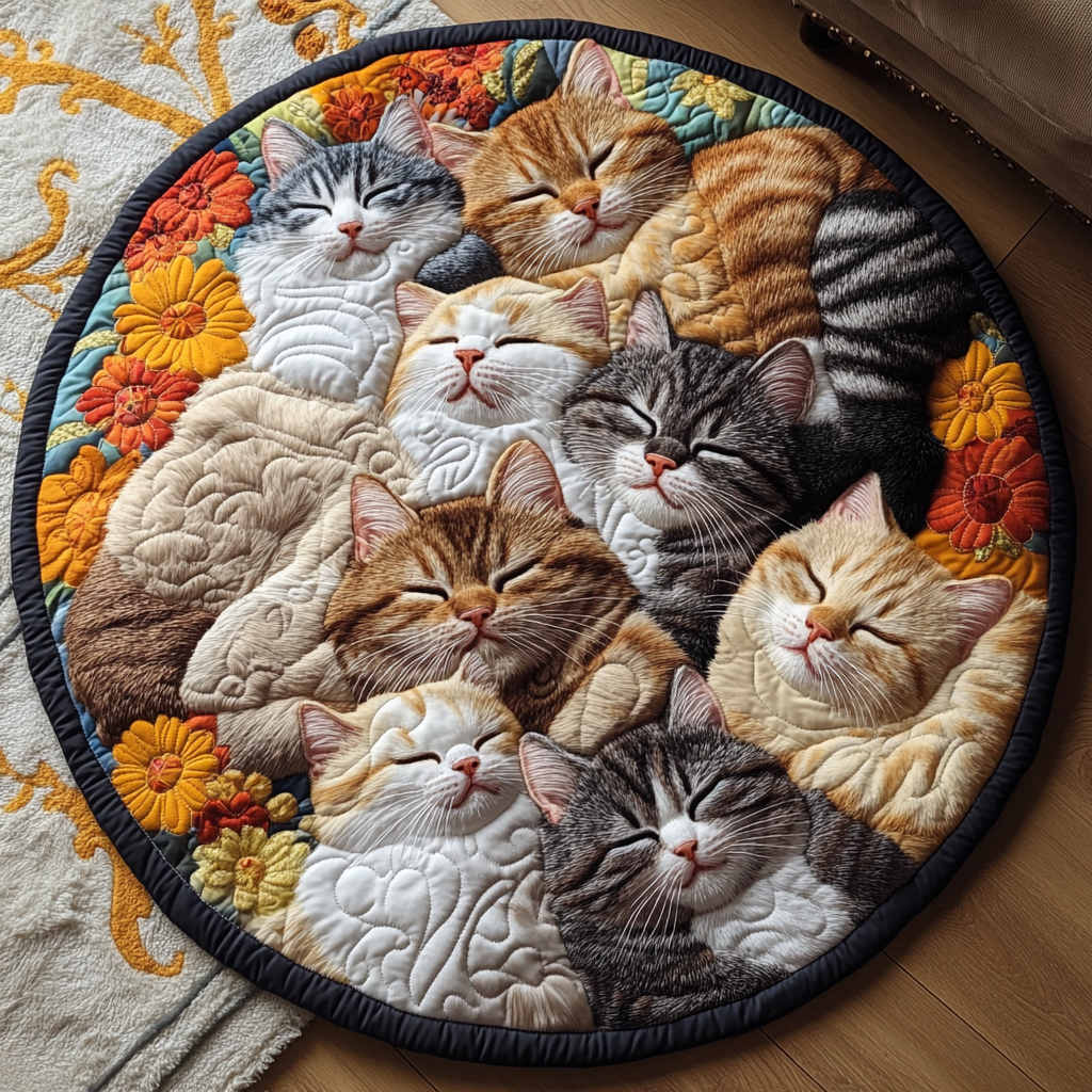 Cuddling Cat Garden Quilted Round Mat Large Round Rugs For Living Room Best Gifts For Cat Lovers