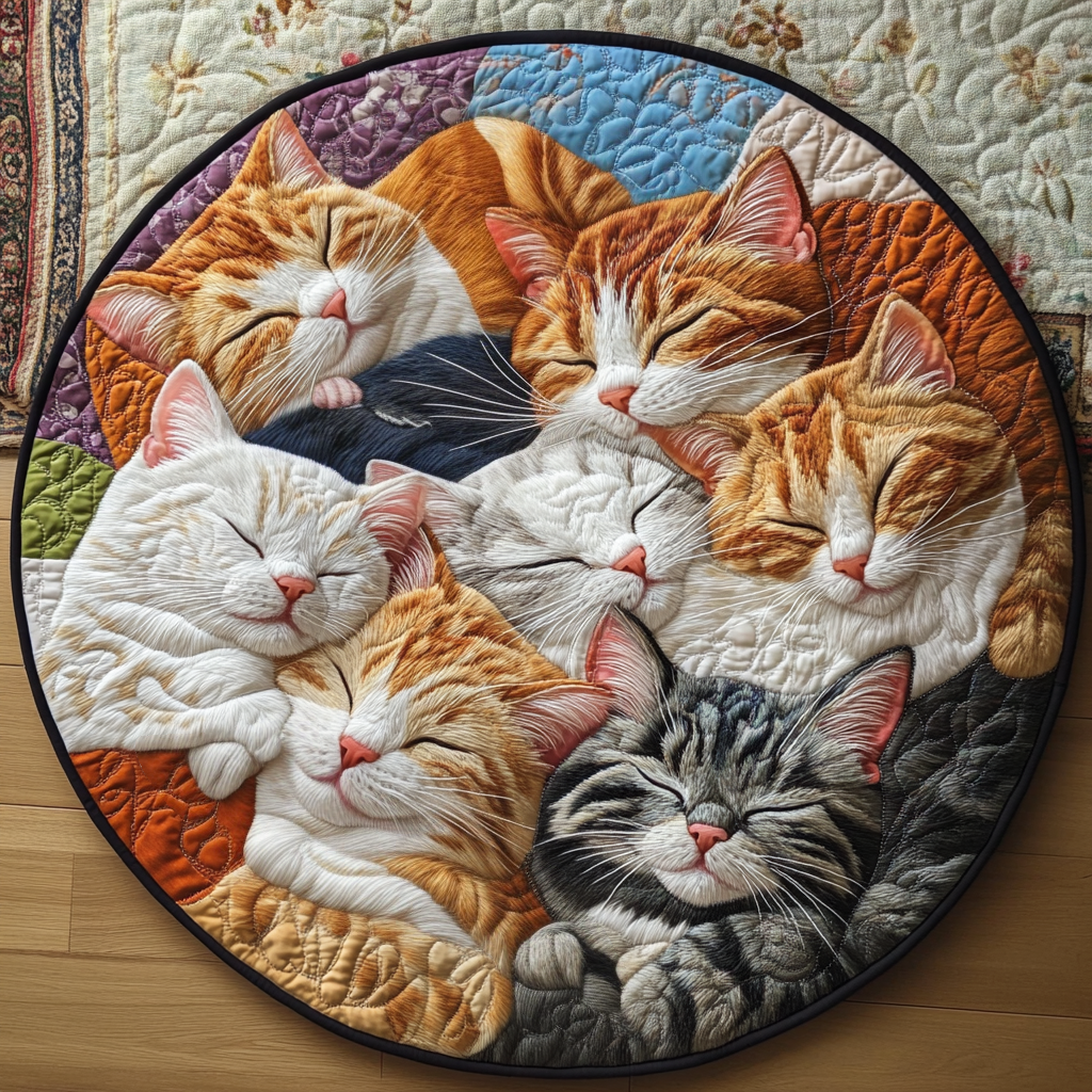 Cuddling Cat Quilted Round Mat Best Round Area Rugs Best Cat Gifts