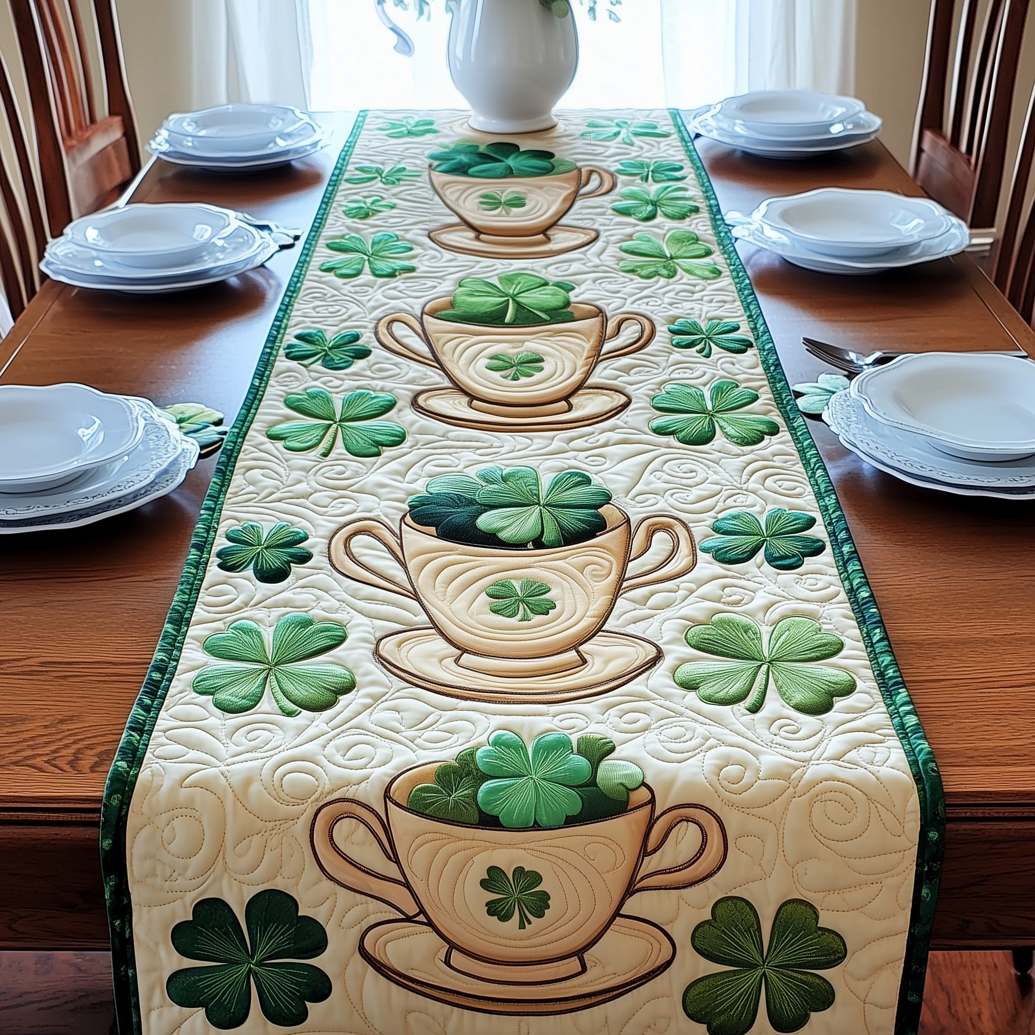 Cups of Shamrock Quilted Table Runner Dining Room Table Decor Ideas St Patrick's Day Gifts For Employees