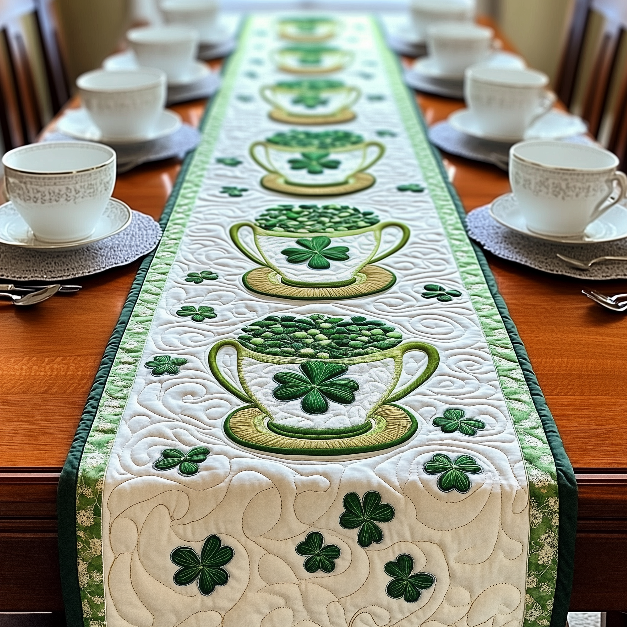 Cups of Shamrock Quilted Table Runner Dining Table Decor St Patricks Day Birthday Gifts