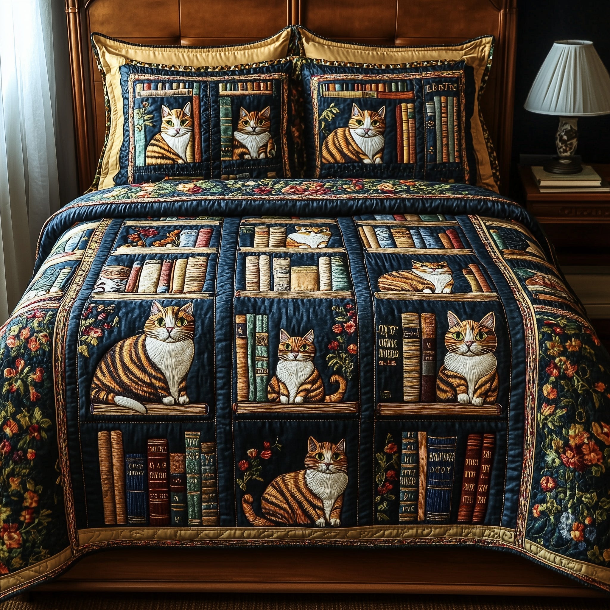 Curious Cat Library Quilted Bedding Set Cool Bedroom Ideas Best Gifts For Book Readers