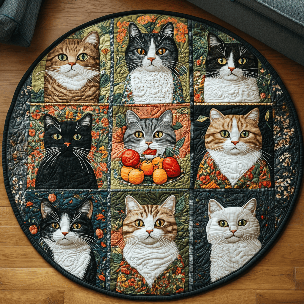 Curious Whiskers Quilted Round Mat Rug With Circles Gifts For Cat People