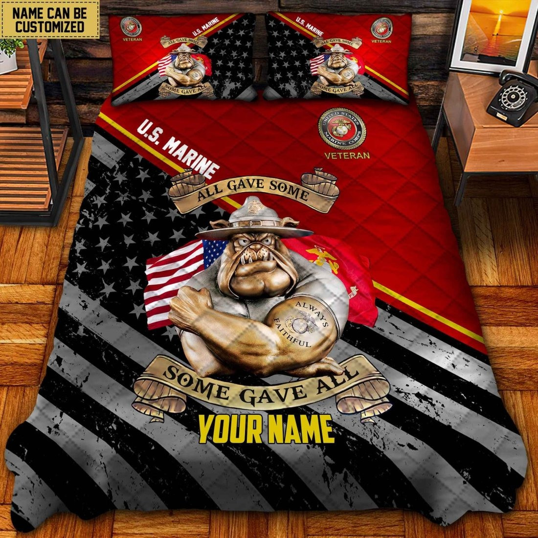 Custom US Marine Veteran Quilted Bedding Set All Gave Some Some Gave All USMC Merch Gifts