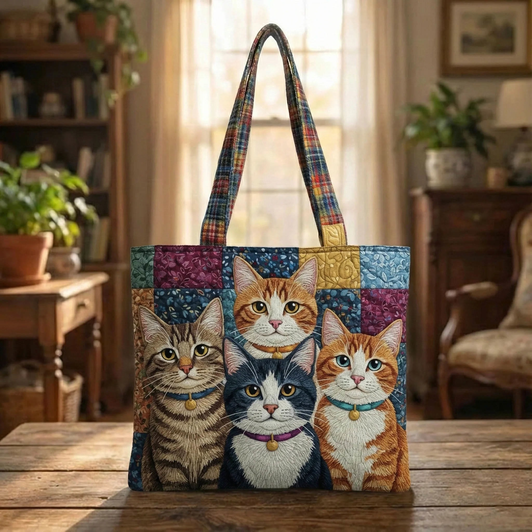 Cute Cats Quilted Tote Bag Large Eco-friendly Bag For Travel Gift For Cat Lover