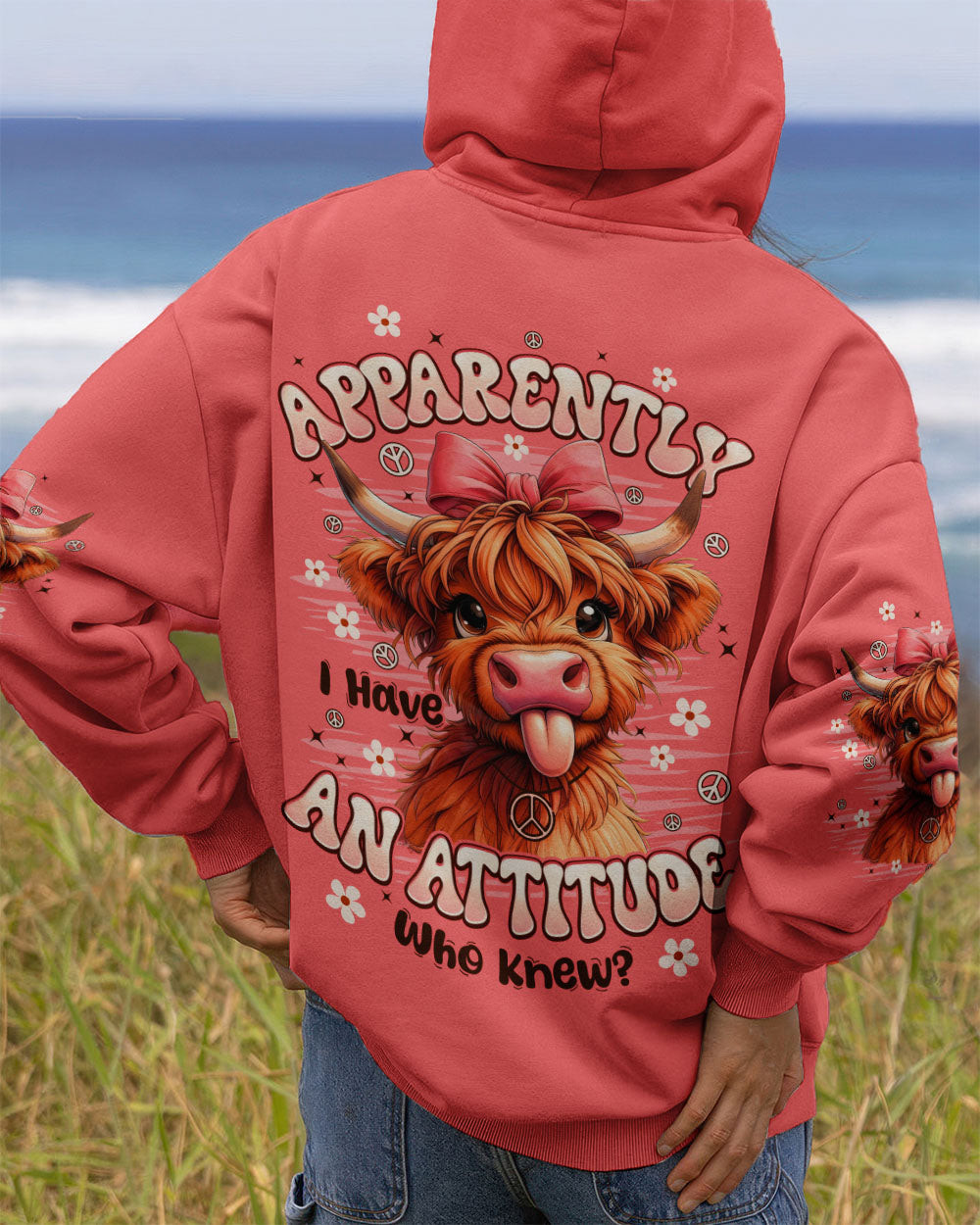 Cute Cow Apparently I Have An Attitude Hoodie Cow With Pink Bow Peace Pullover Gift For Sister - Image 2
