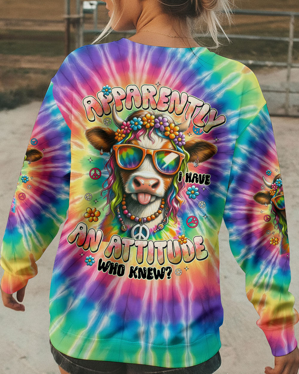 Cute Cow Apparently I Have An Attitude Tie Dye Sweatshirt Funny Cow Merch Hippie Farm Gift - Image 2