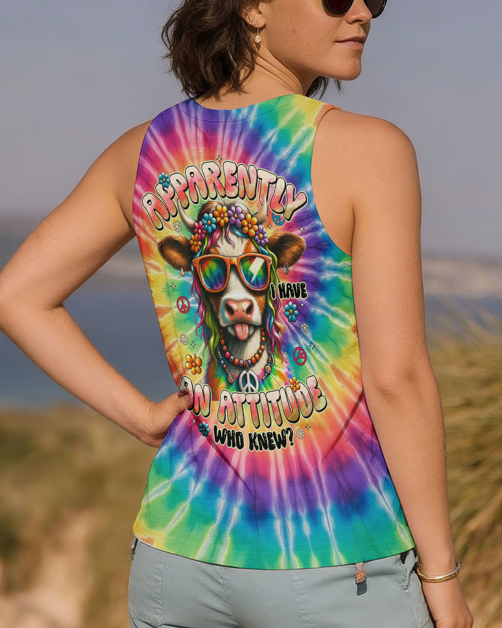 Cute Cow Apparently I Have An Attitude Tie Dye Tank Top Funny Cow Clothing Hippie Farm Gift - Image 2
