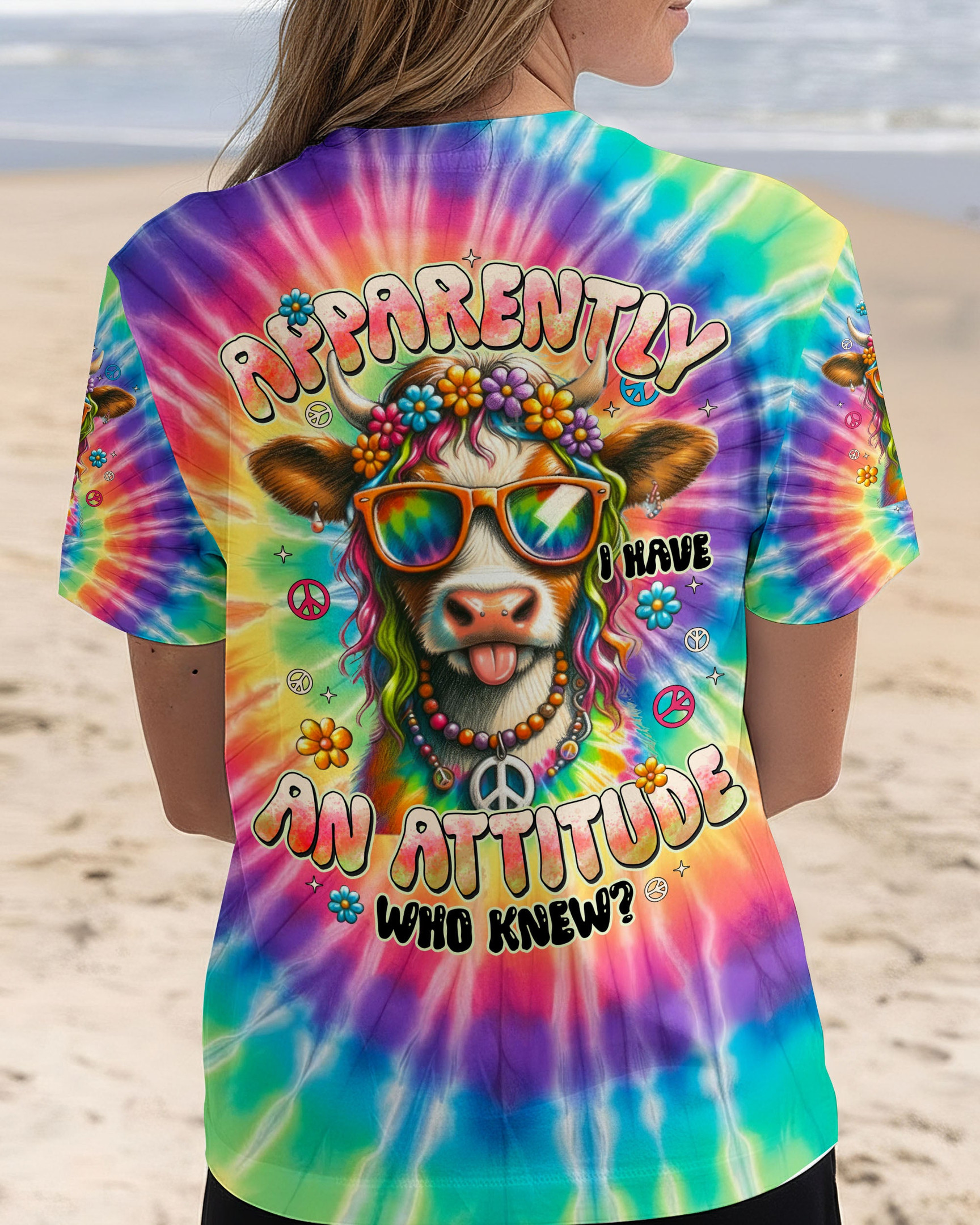 Cute Cow Apparently I Have An Attitude Tie Dye V-Neck Shirt Funny Cow Clothing Hippie Farm Gift - Image 2