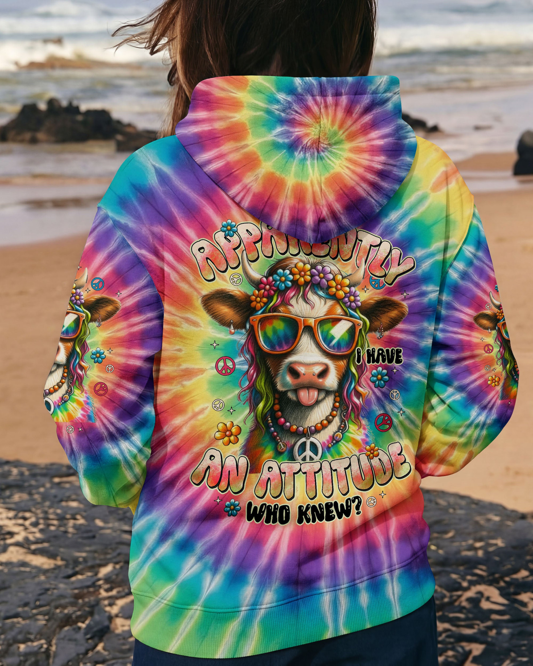 Cute Cow Apparently I Have An Attitude Tie Dye Zip Hoodie Funny Cow Clothing Hippie Farm Gift - Image 2