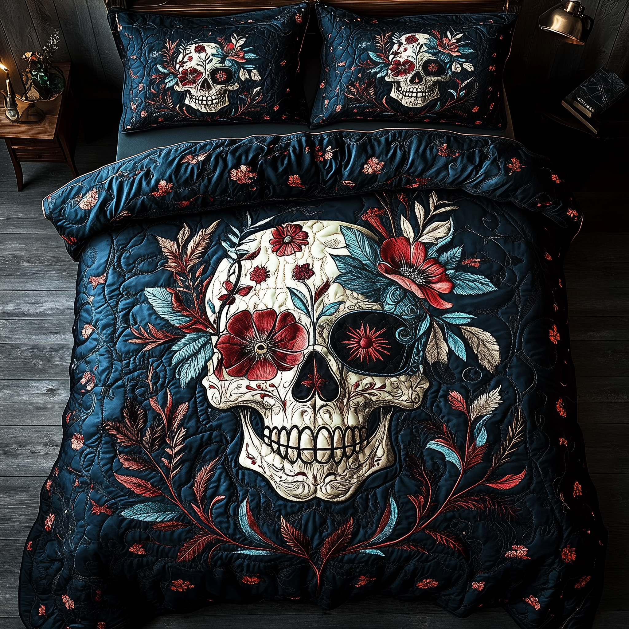 Cyan Vintage Skull Quilted Bedding Set Best Bedding Sets Mexican Skull Souvenirs