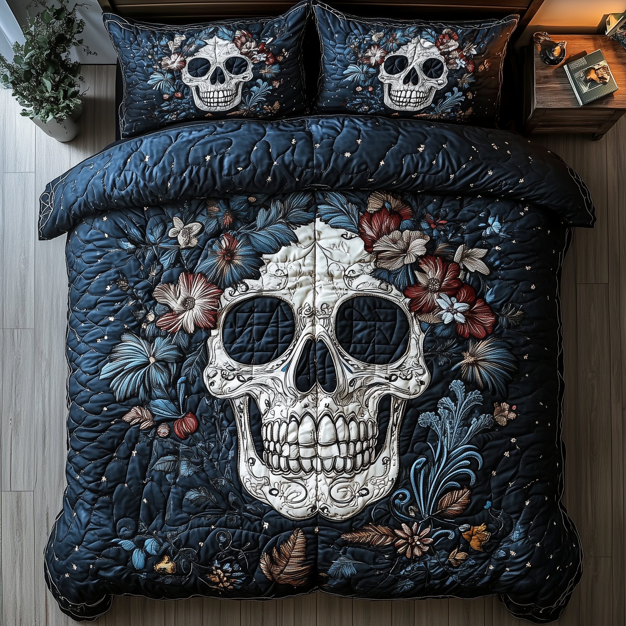 Cyan Vintage Skull Quilted Bedding Set Nice Bed Sheet Sets Skull Gifts For Men Women