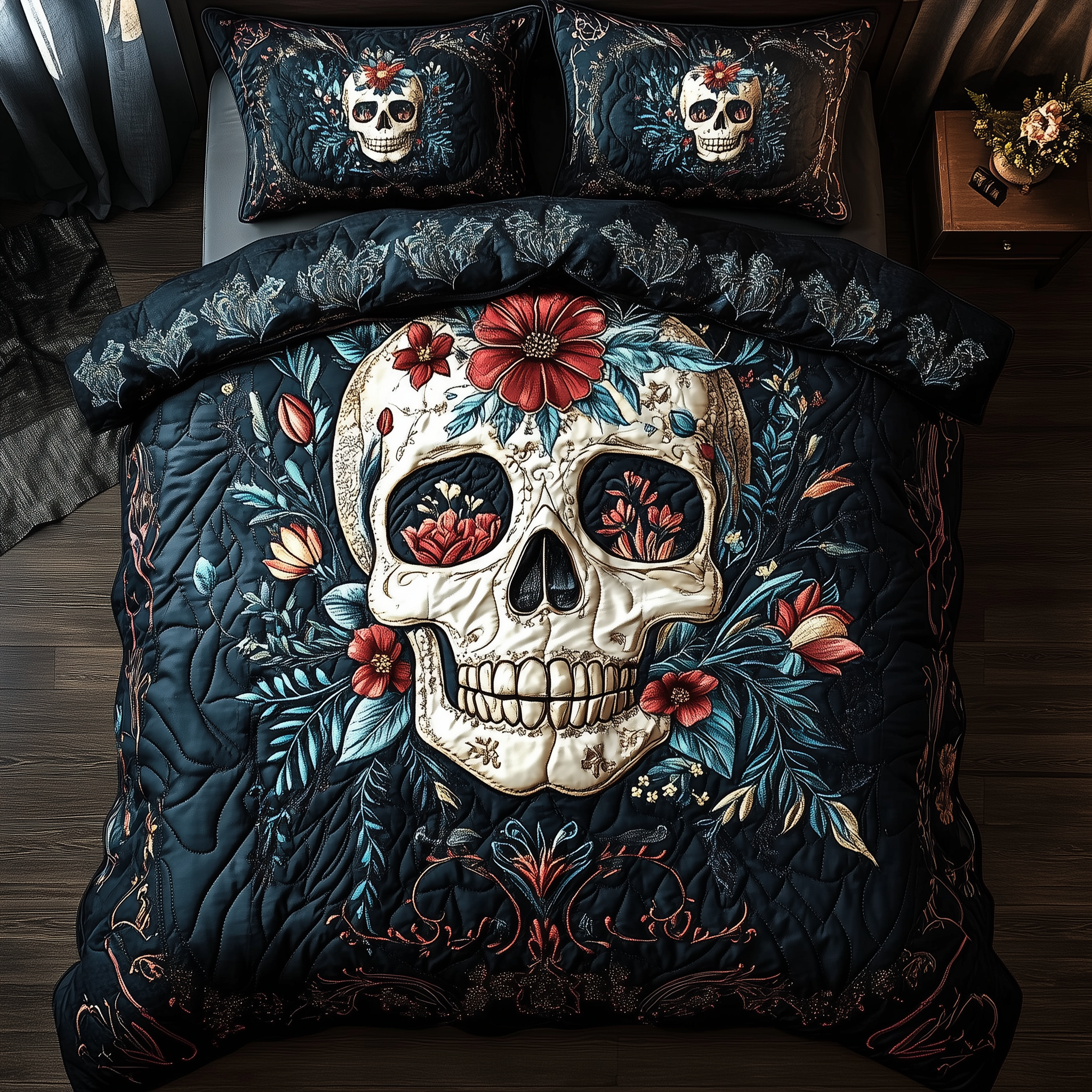 Cyan Vintage Skull Quilted Bedding Set Unique Sheet Sets Gifts For People Who Like Skulls