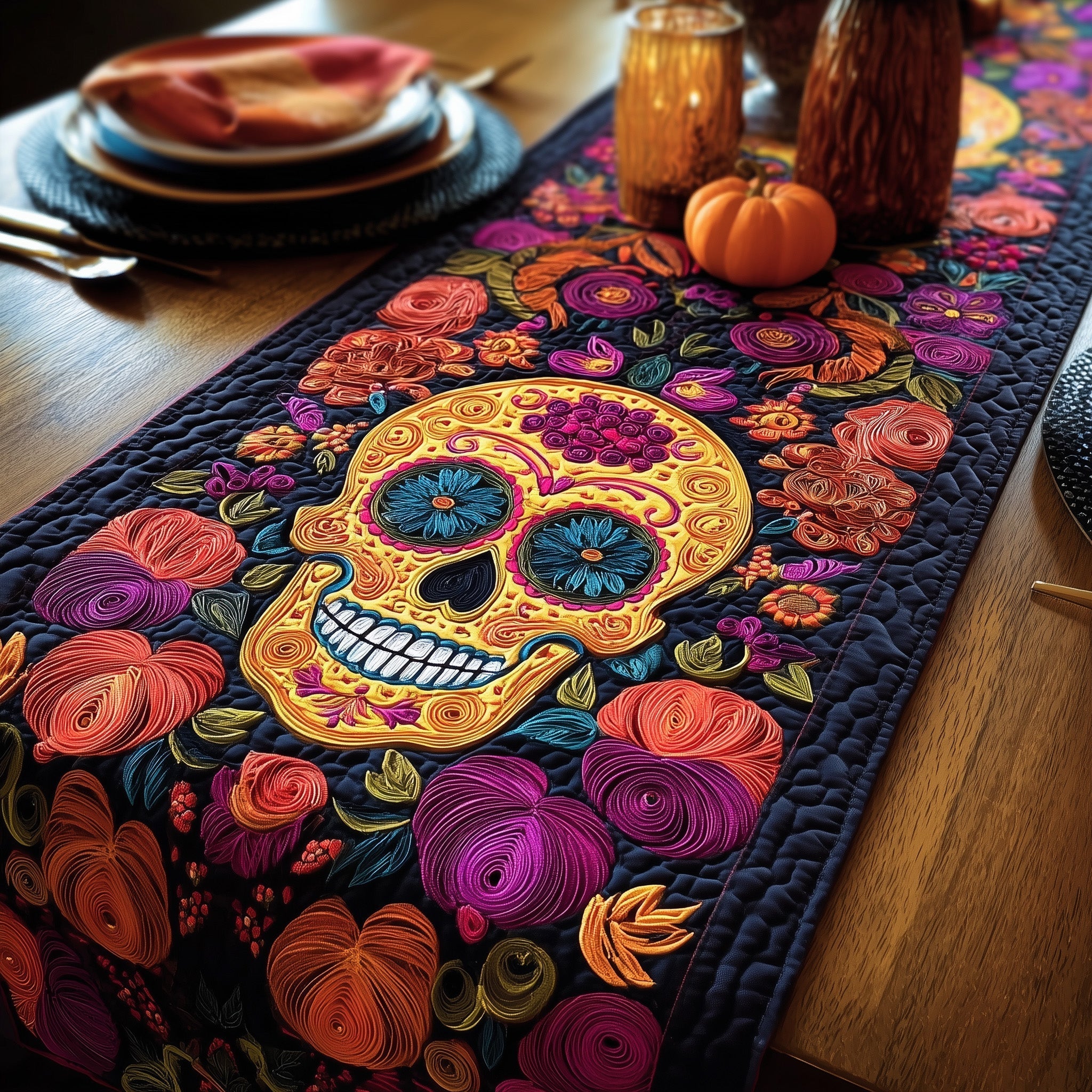 D'a De Muertos Quilted Table Runner Dining Room Decor Dia De Los Muertos Gift Ideas