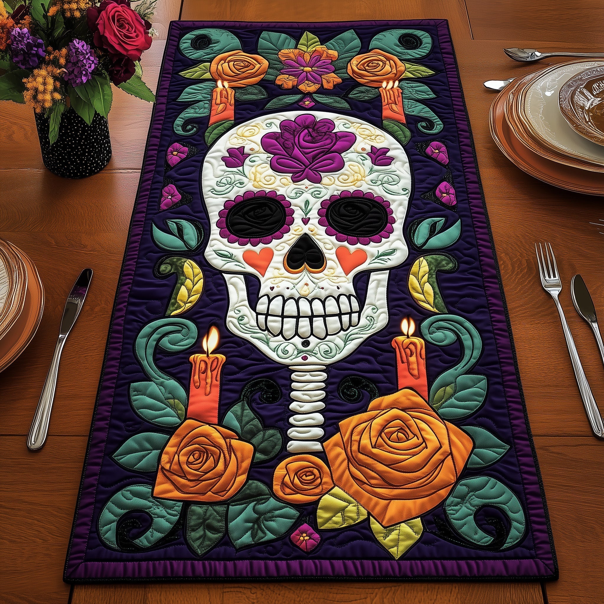 D'a De Muertos Quilted Table Runner Kitchen Table Decor Day Of The Dead Gift Ideas