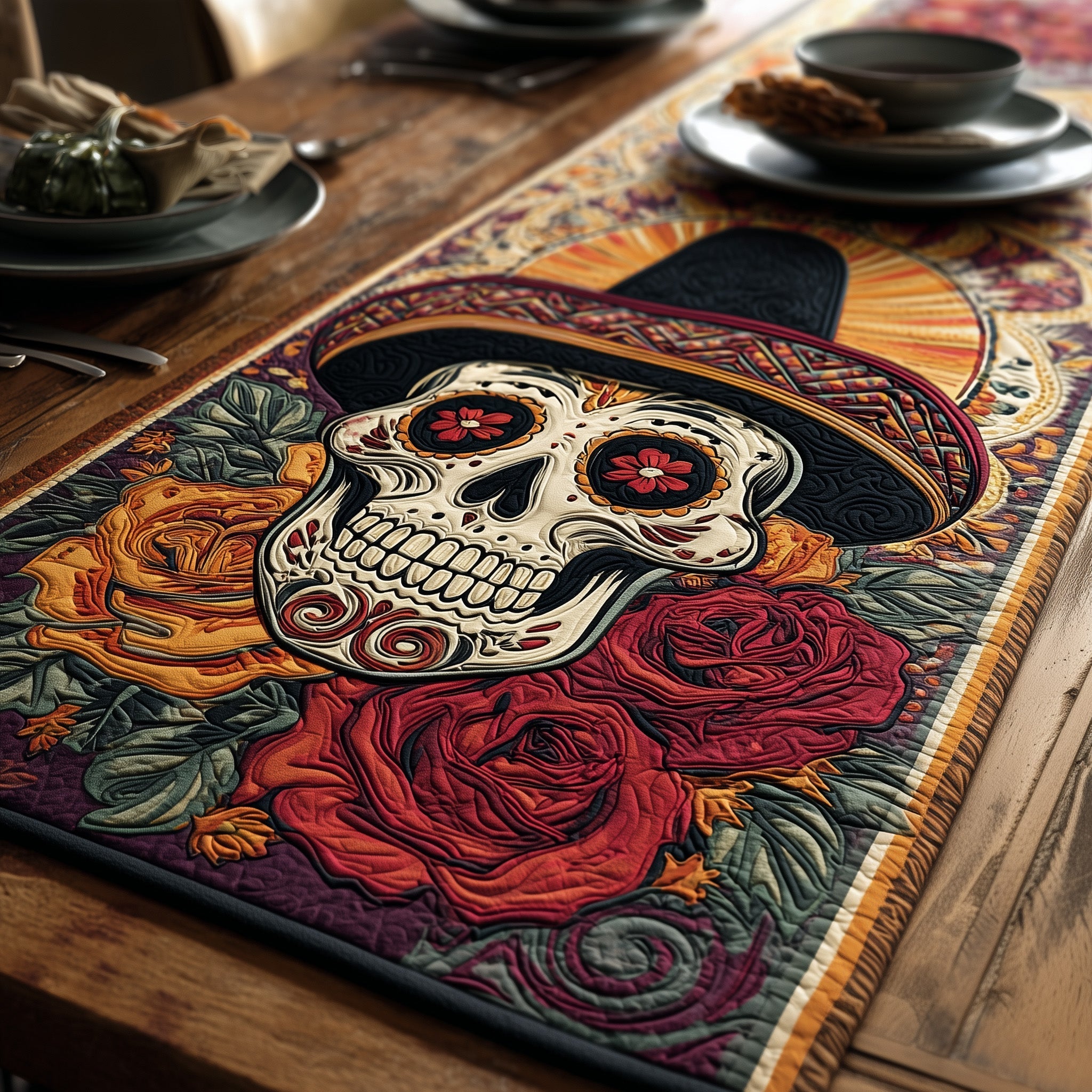 D'a De Muertos Quilted Table Runner Kitchen Table Decor Ideas Day Of The Dead Presents