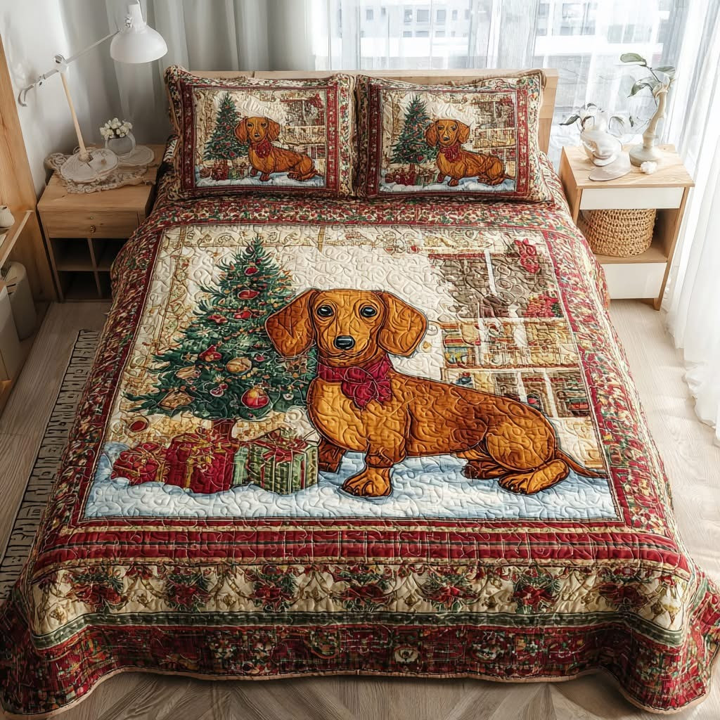 Dachshund Christmas Quilted Bedding Set Duvet Cover Holiday Xmas Sausage Dog Gifts For Him