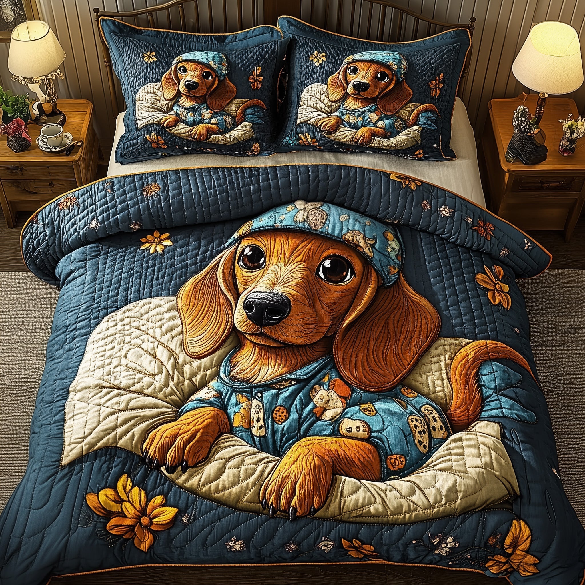 Dachshund Quilted Bedding Set Bed Comforter Set Unique Dog Gifts