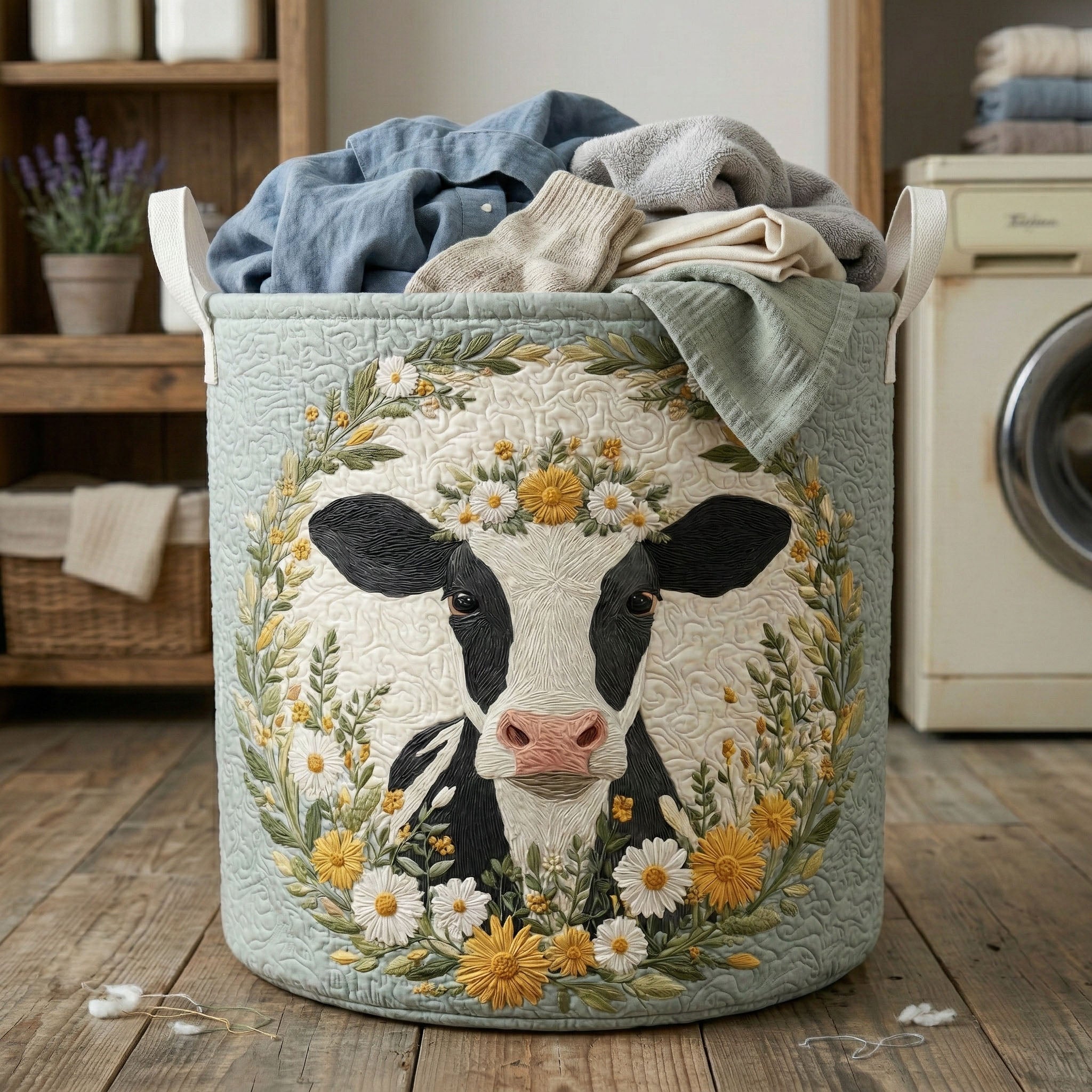 Daisy Cow Garden Quilted Laundry Basket Unusual Laundry Basket Cow Themed Stuff