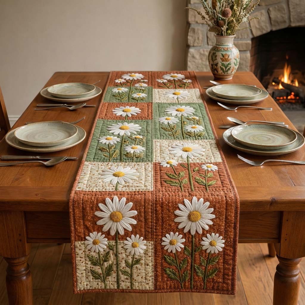 Daisy Patchwork Quilted Table Runner Flower Table Cover Best Mother's Day Gifts For Wife